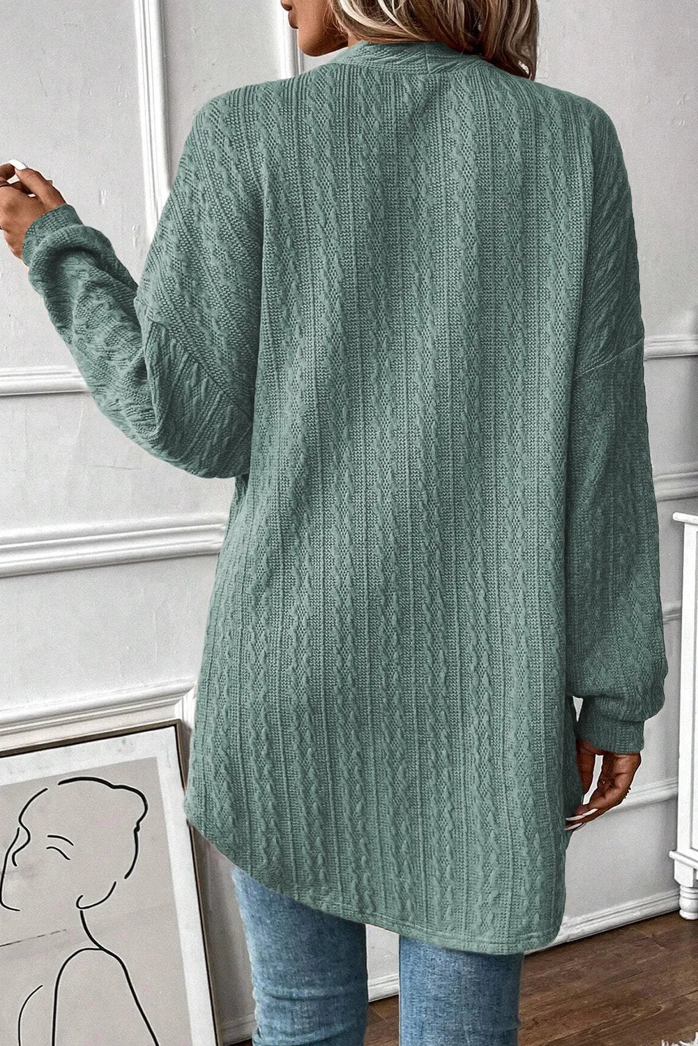 Textured Pocketed Open Front Long Sleeve Cover Up