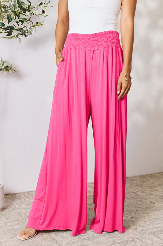 Double Take Full Size Smocked Wide Waistband Wide Leg Pants -5 colors