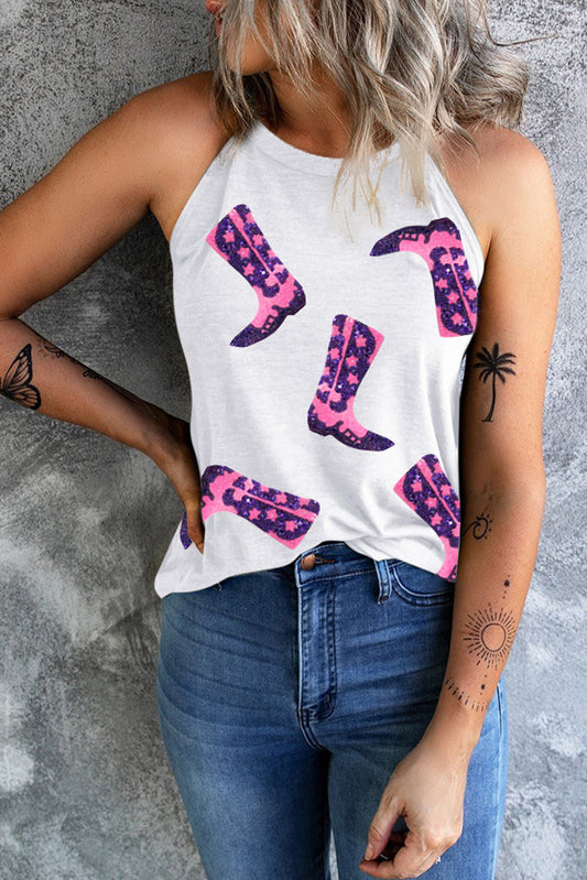 Sequin Boots Print Round Neck Tank