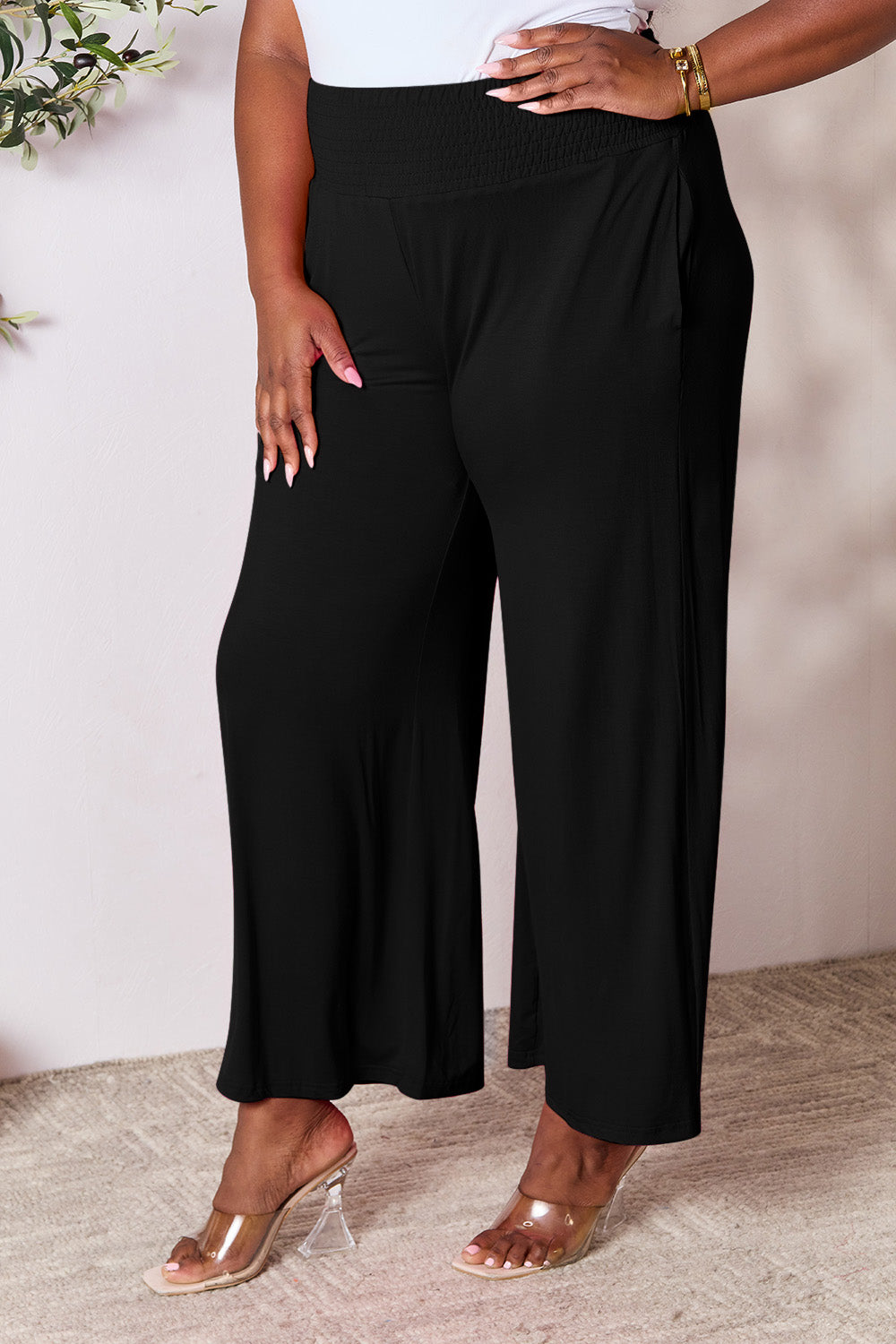 Double Take Full Size Smocked Wide Waistband Wide Leg Pants -5 colors