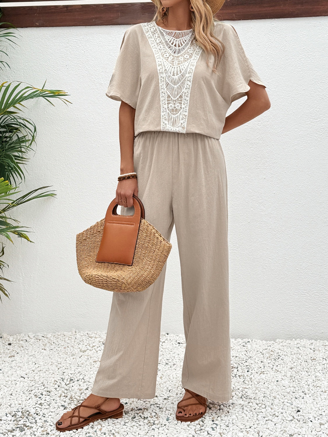 Honey Lace Detail Round Neck Top and Pants Set