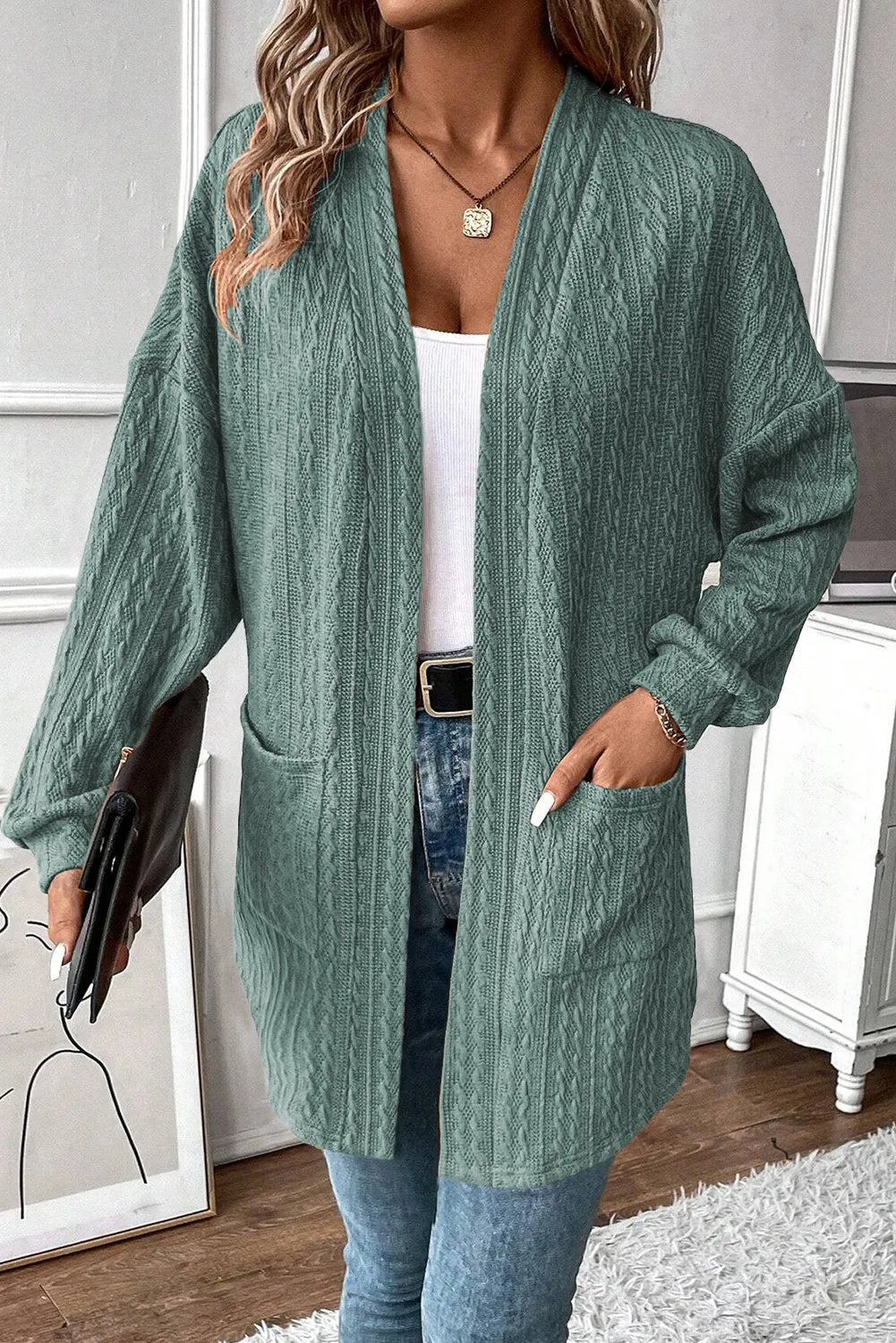 Textured Pocketed Open Front Long Sleeve Cover Up