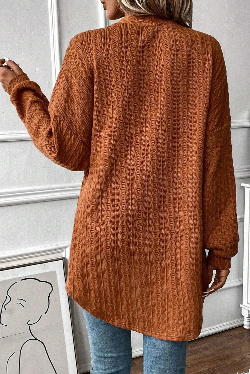 Textured Pocketed Open Front Long Sleeve Cover Up