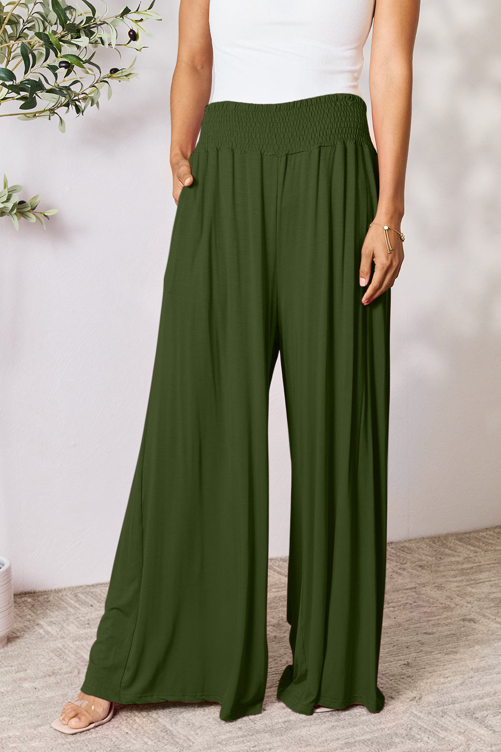 Double Take Full Size Smocked Wide Waistband Wide Leg Pants -5 colors