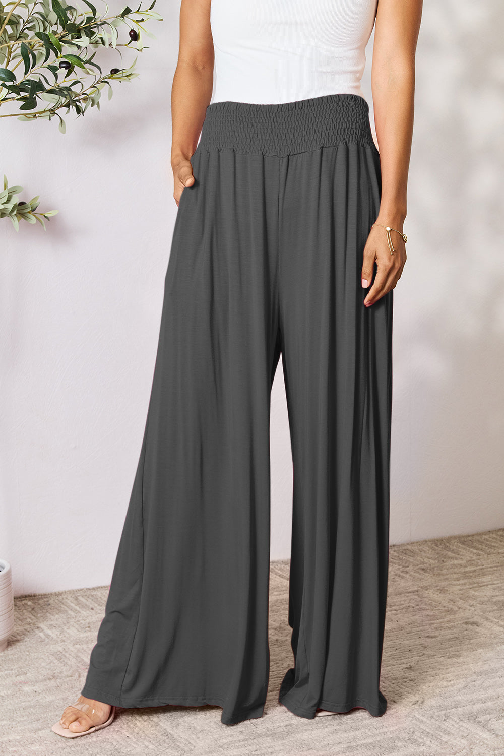 Double Take Full Size Smocked Wide Waistband Wide Leg Pants -5 colors