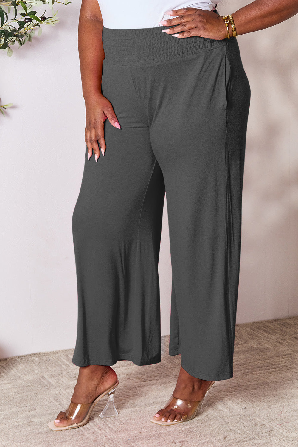 Double Take Full Size Smocked Wide Waistband Wide Leg Pants -5 colors