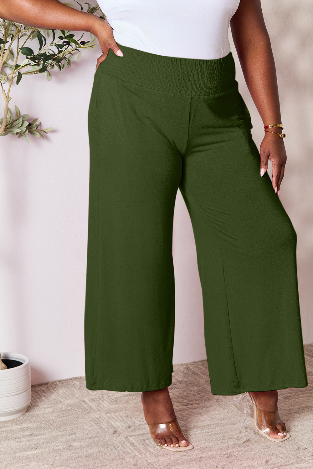 Double Take Full Size Smocked Wide Waistband Wide Leg Pants -5 colors