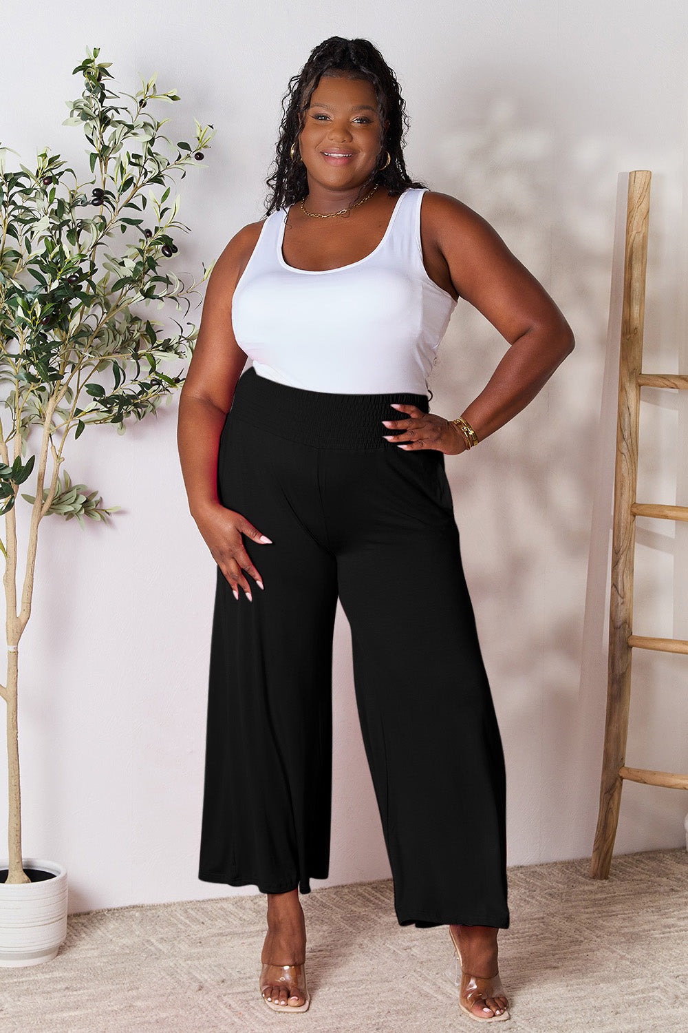 Double Take Full Size Smocked Wide Waistband Wide Leg Pants -5 colors