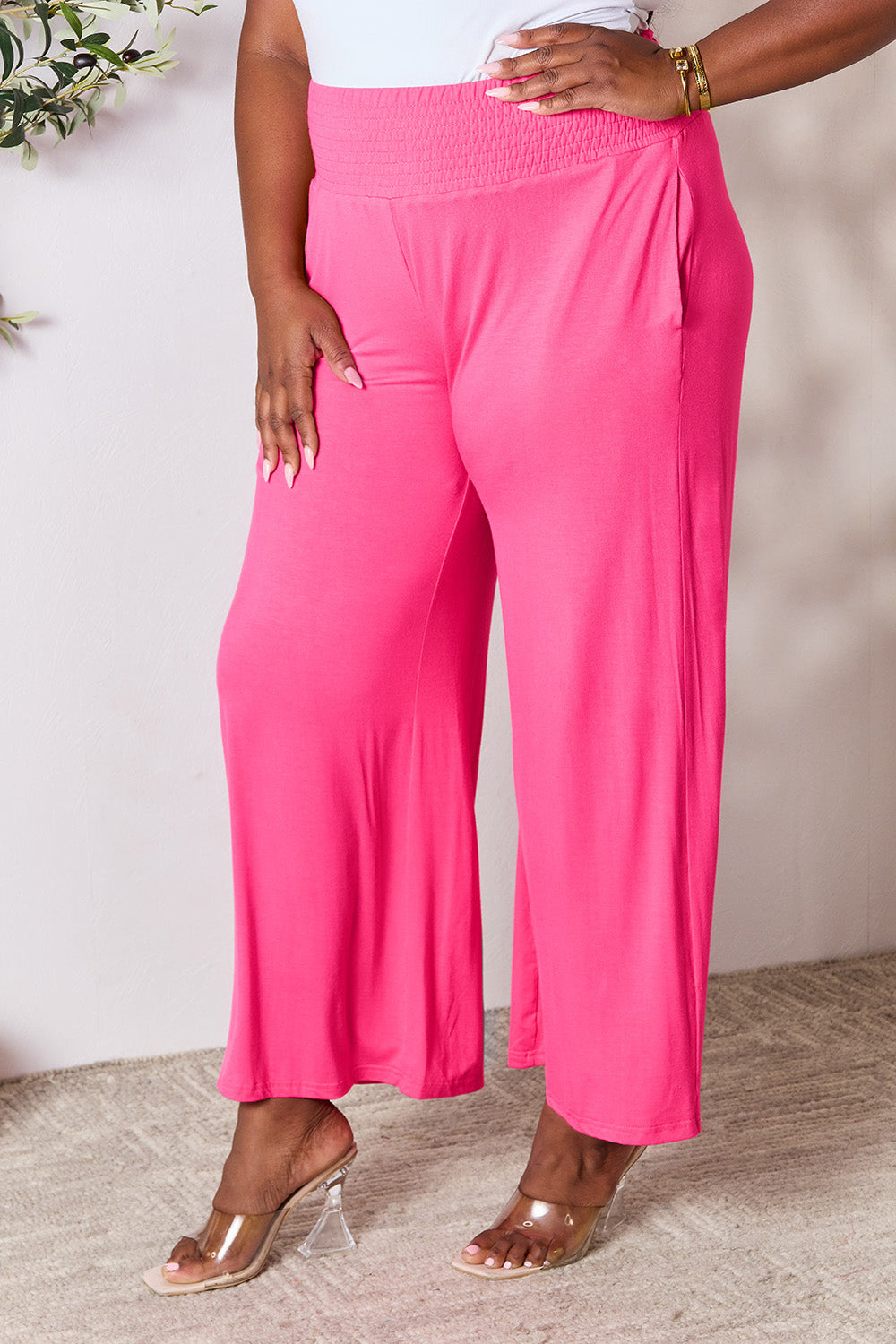 Double Take Full Size Smocked Wide Waistband Wide Leg Pants -5 colors