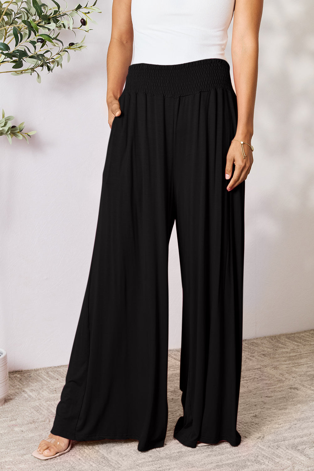 Double Take Full Size Smocked Wide Waistband Wide Leg Pants -5 colors