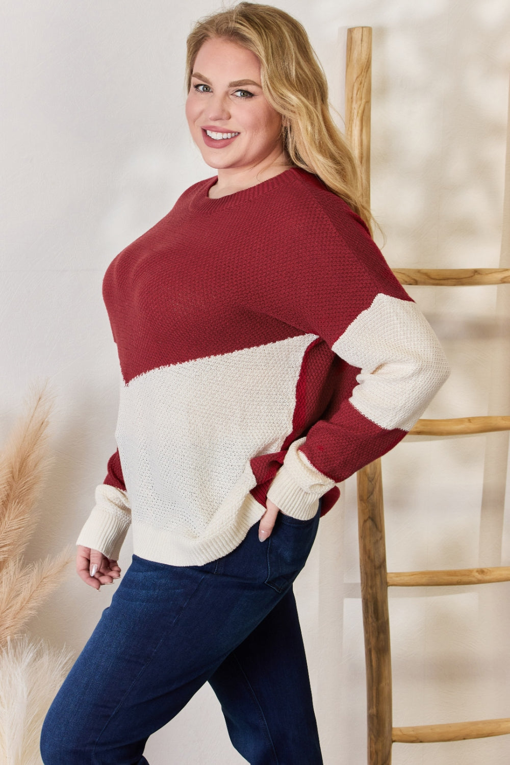 Hailey & Co Full Size Color Block Dropped Shoulder Knit Top