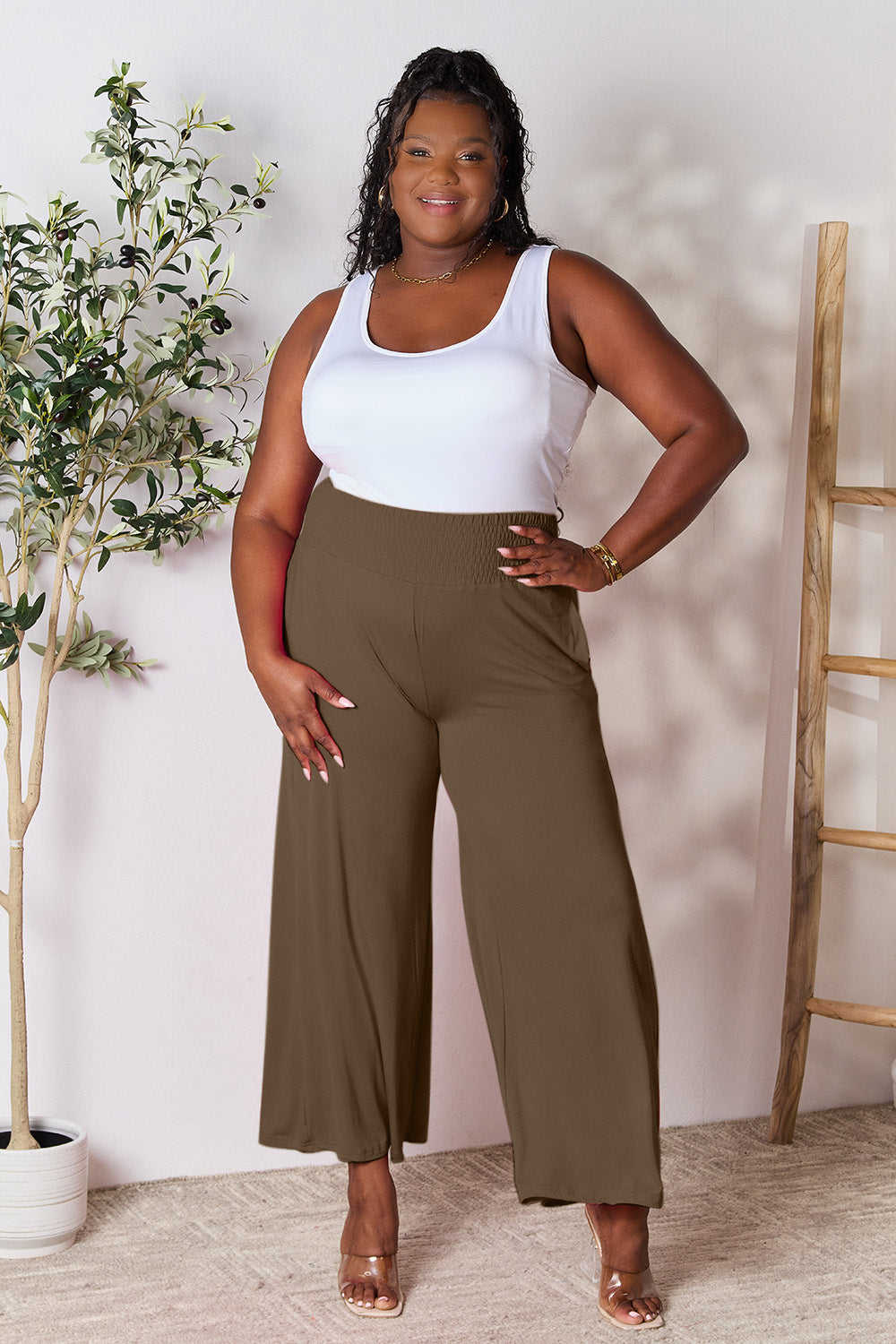 Double Take Full Size Smocked Wide Waistband Wide Leg Pants -5 colors