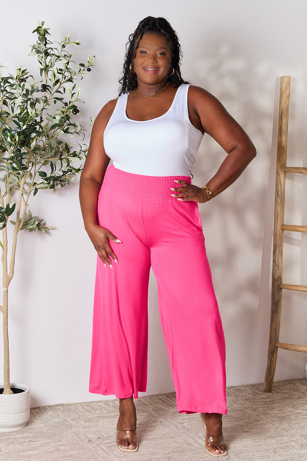 Double Take Full Size Smocked Wide Waistband Wide Leg Pants -5 colors