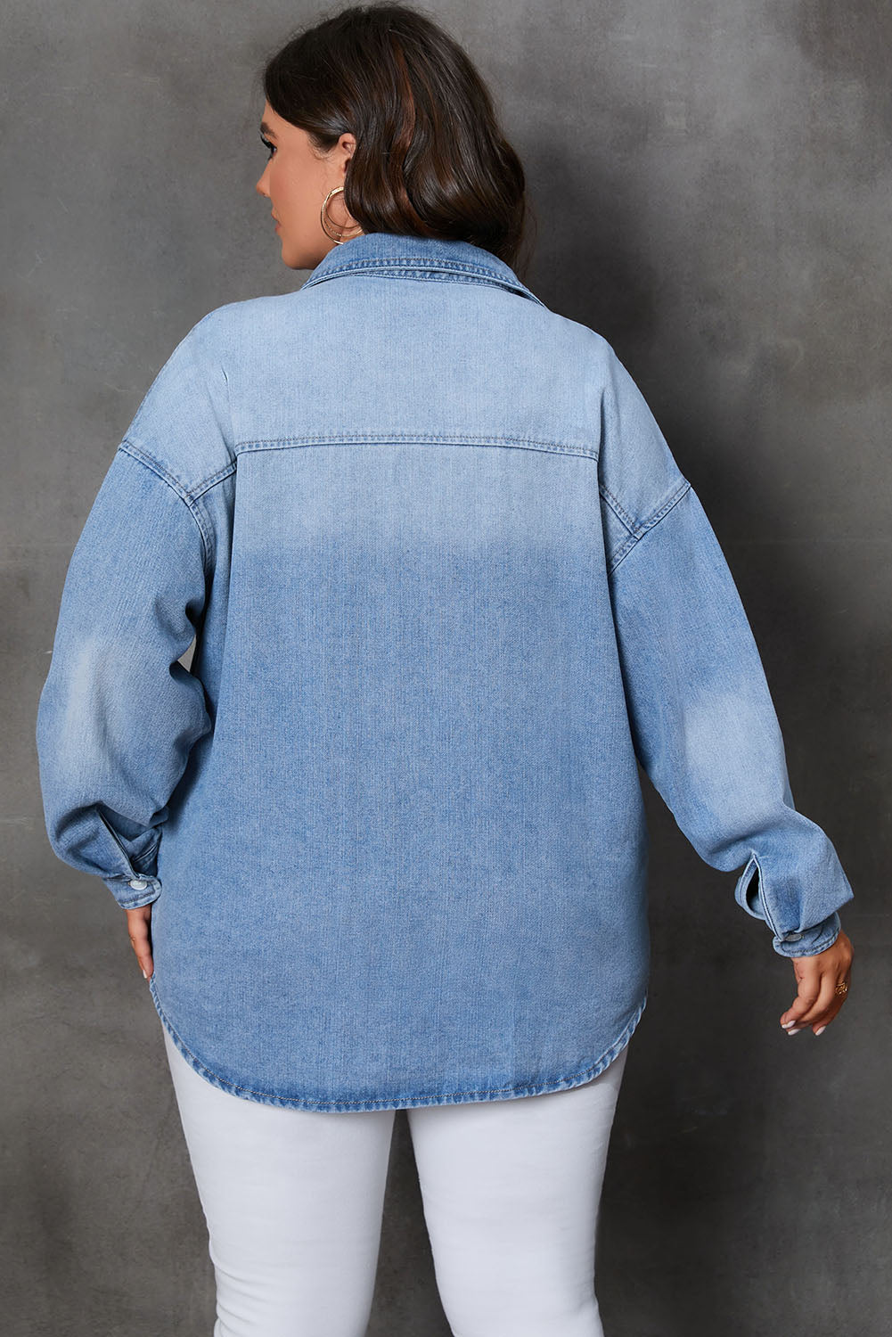 Plus Size Button Up Pocketed Denim Top