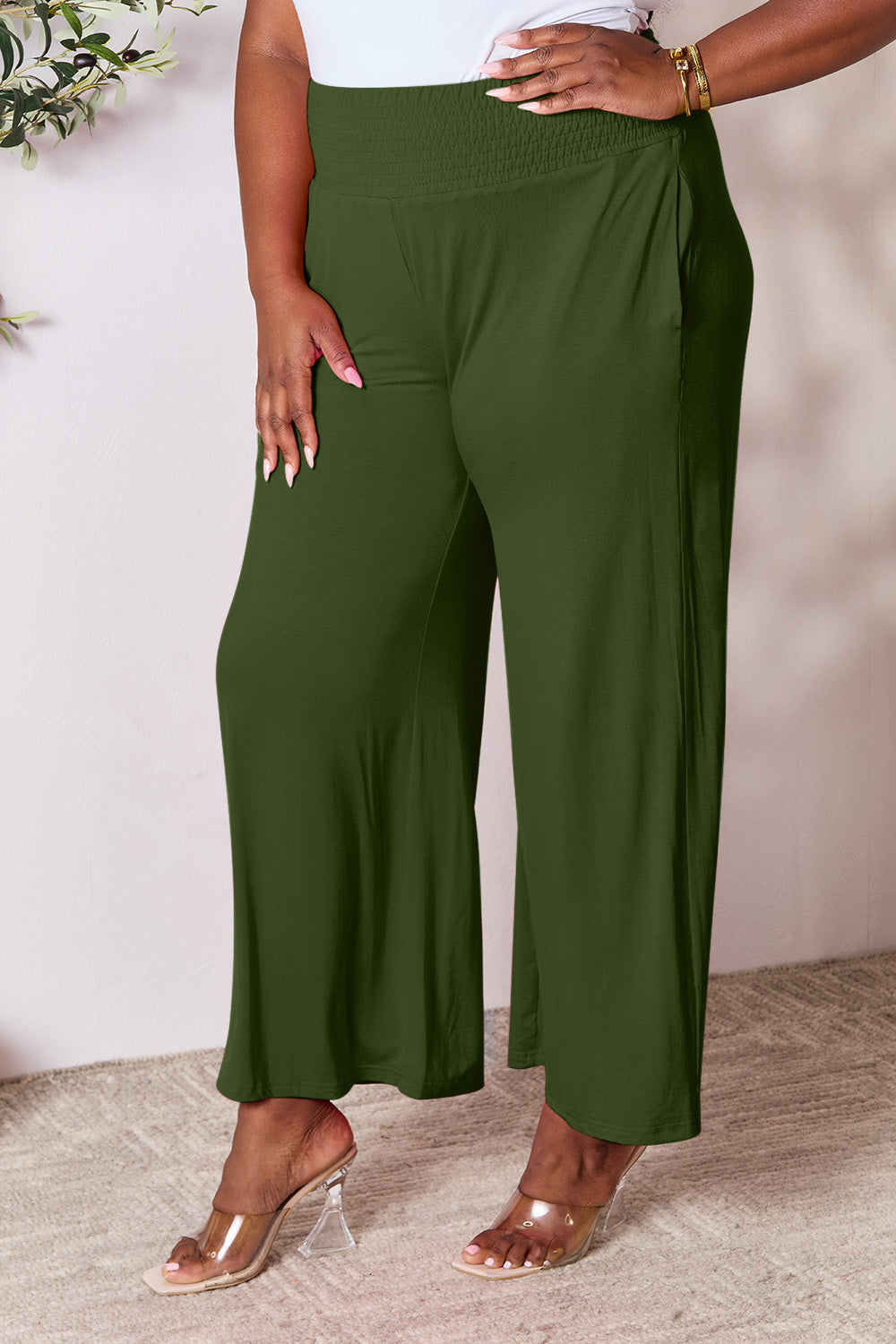 Double Take Full Size Smocked Wide Waistband Wide Leg Pants -5 colors