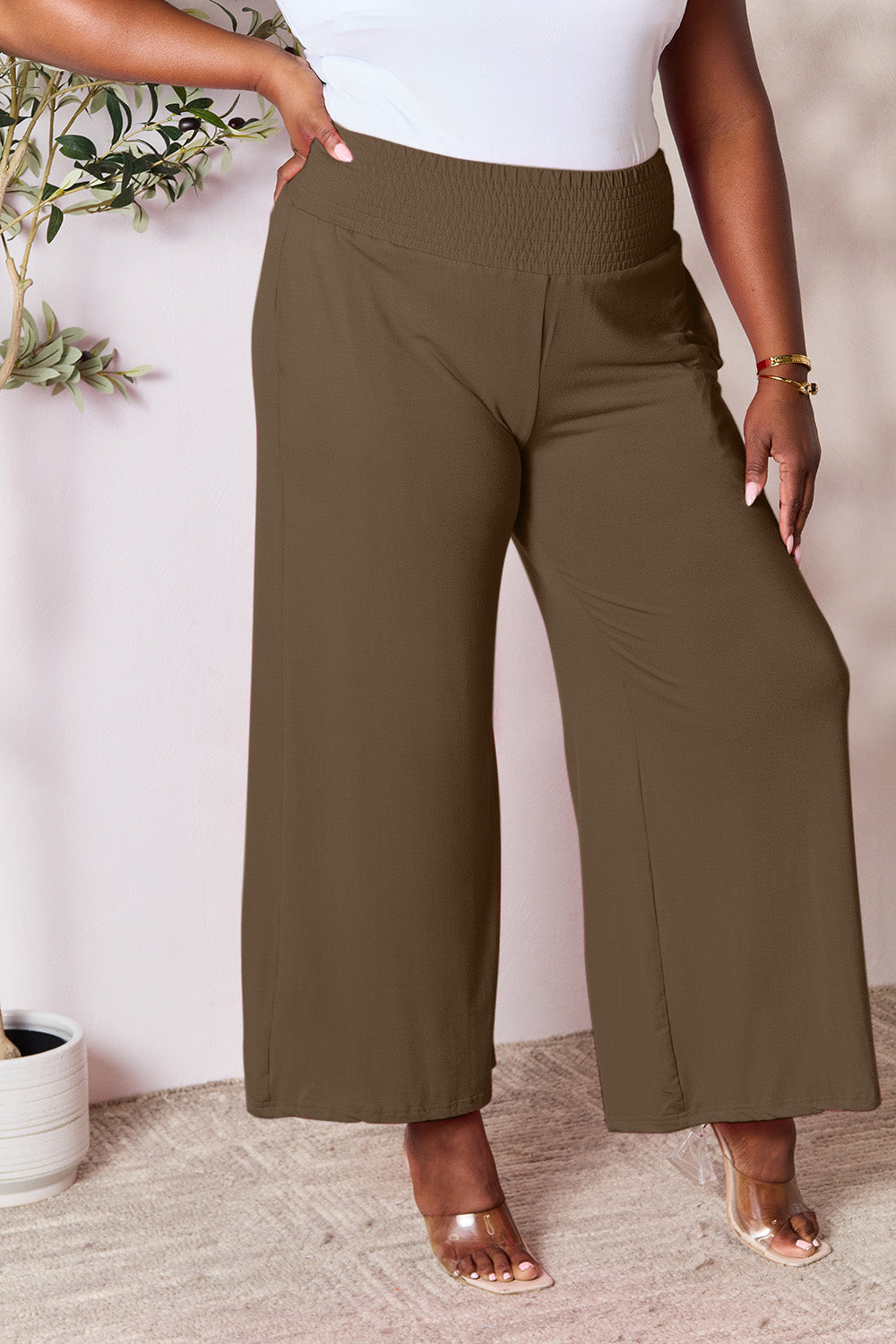 Double Take Full Size Smocked Wide Waistband Wide Leg Pants -5 colors