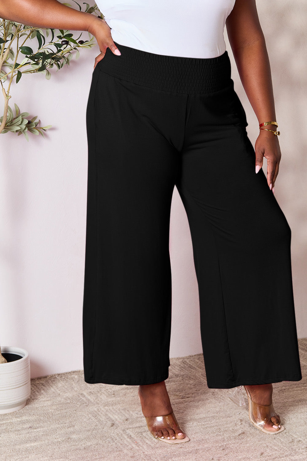 Double Take Full Size Smocked Wide Waistband Wide Leg Pants -5 colors