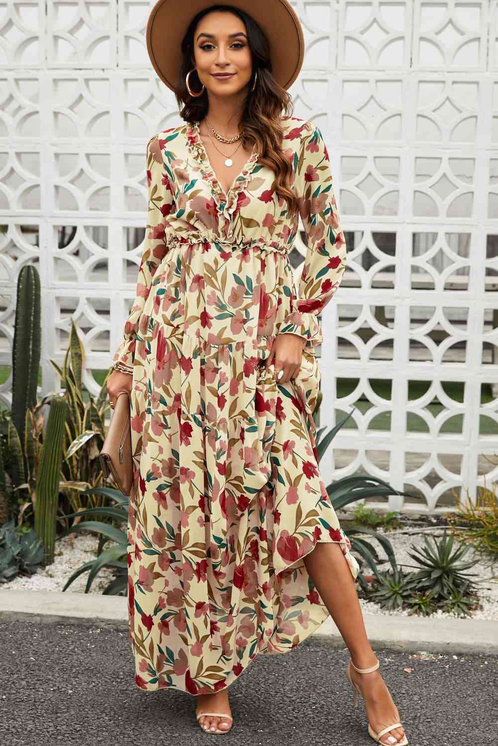 Floral Frill Trim Flounce Sleeve Plunge Maxi Dress-2 colors