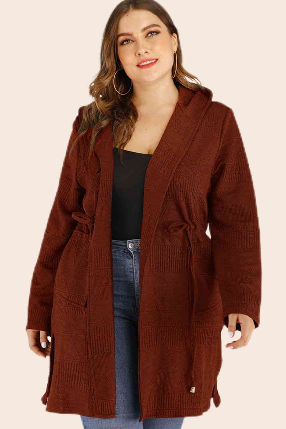 Plus Size Drawstring Waist Hooded Cardigan with Pockets- 3 colors