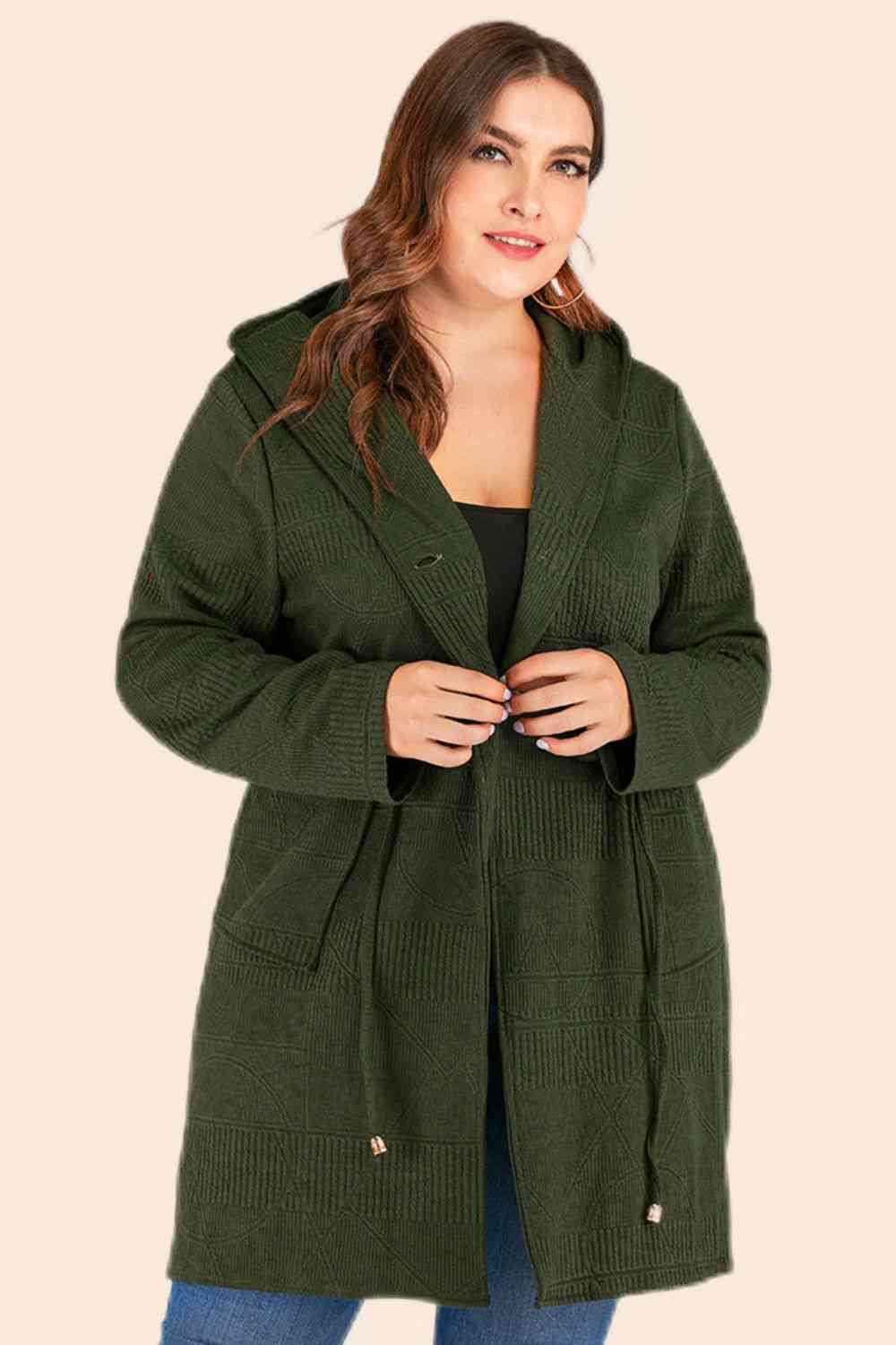 Plus Size Drawstring Waist Hooded Cardigan with Pockets- 3 colors