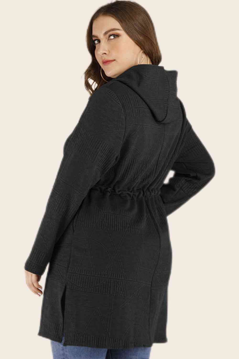 Plus Size Drawstring Waist Hooded Cardigan with Pockets- 3 colors