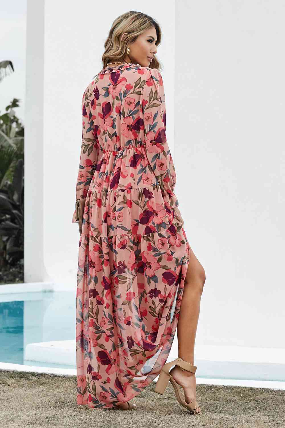 Floral Frill Trim Flounce Sleeve Plunge Maxi Dress-2 colors