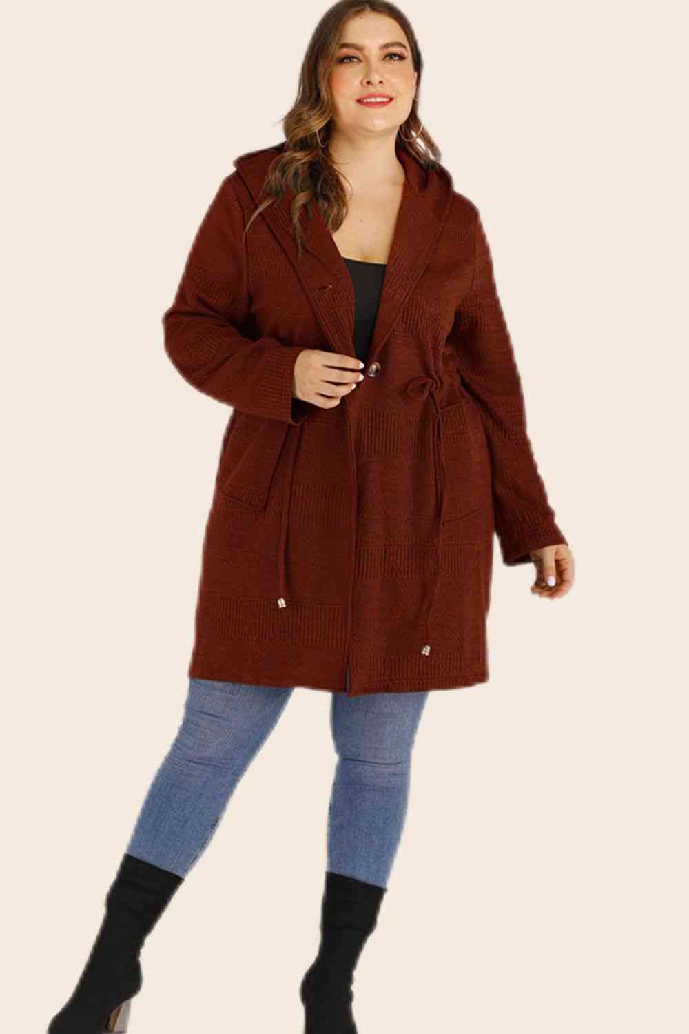 Plus Size Drawstring Waist Hooded Cardigan with Pockets- 3 colors