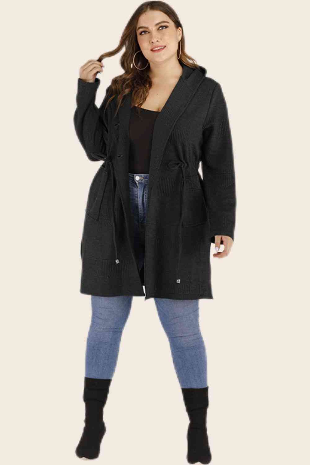 Plus Size Drawstring Waist Hooded Cardigan with Pockets- 3 colors