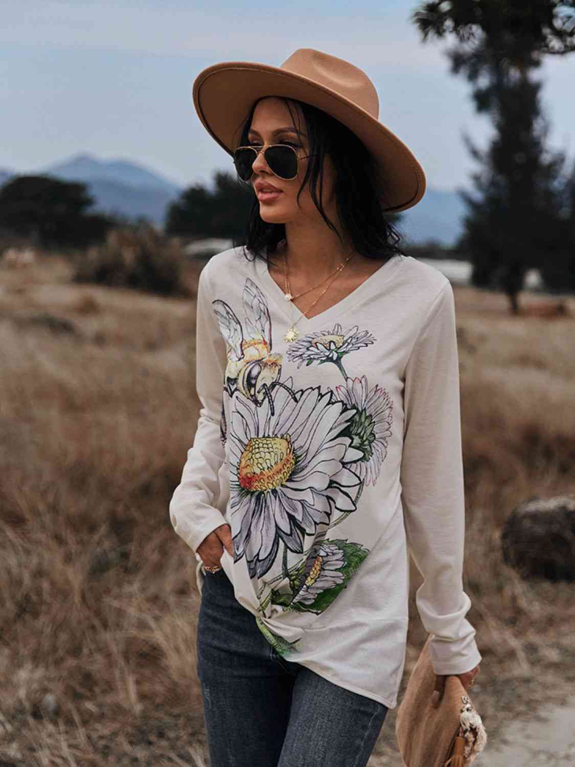 Floral Print Twisted V-Neck Long Sleeve Tee-3 colors