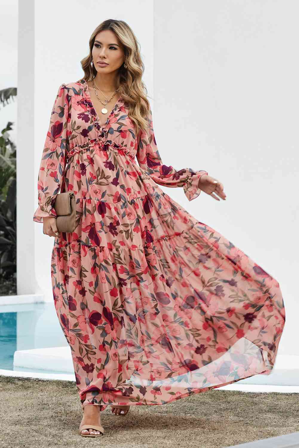 Floral Frill Trim Flounce Sleeve Plunge Maxi Dress-2 colors