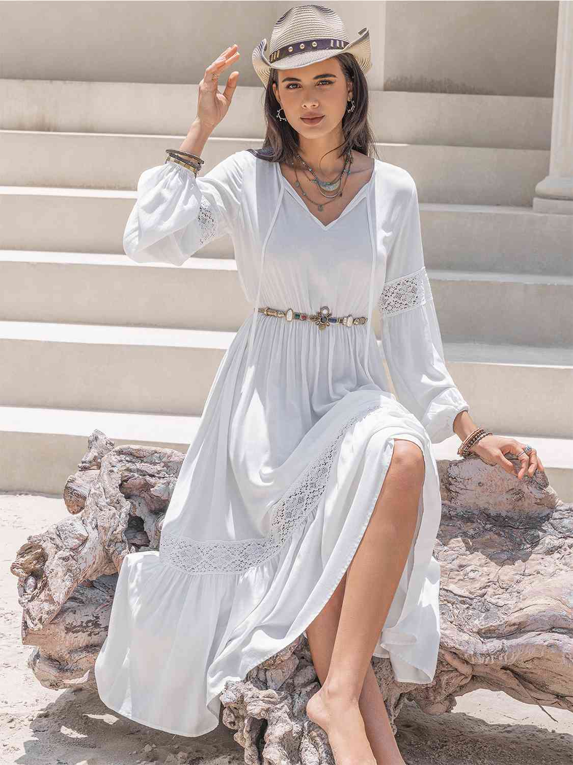 Tie Neck Balloon Sleeve Midi Dress- 2 colors