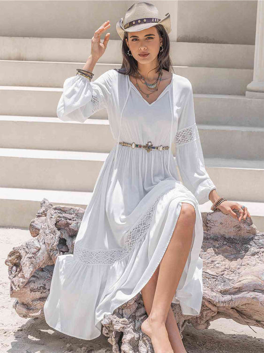 Tie Neck Balloon Sleeve Midi Dress- 2 colors