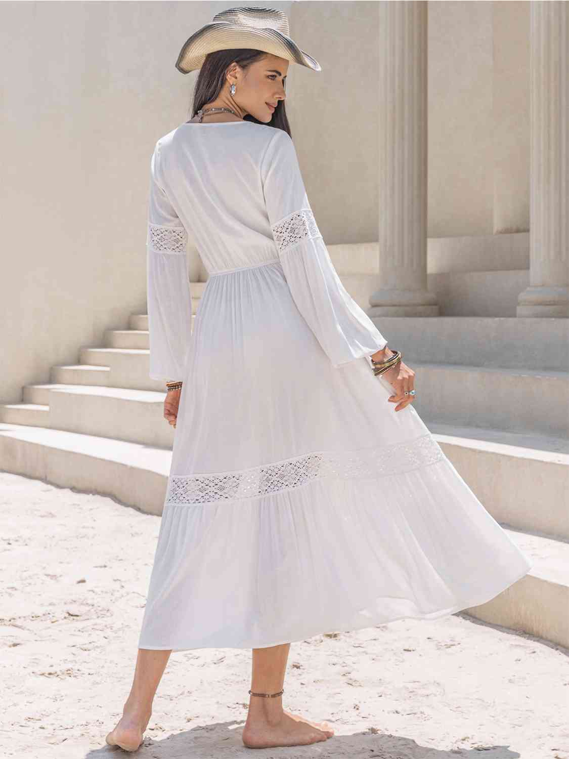 Tie Neck Balloon Sleeve Midi Dress- 2 colors