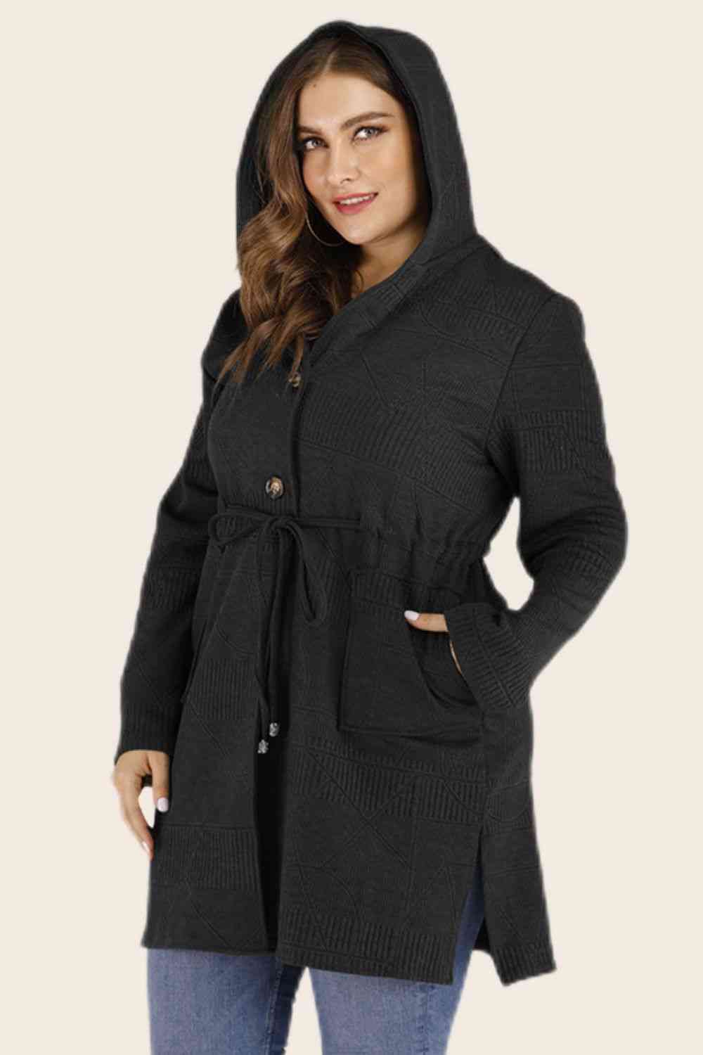 Plus Size Drawstring Waist Hooded Cardigan with Pockets- 3 colors