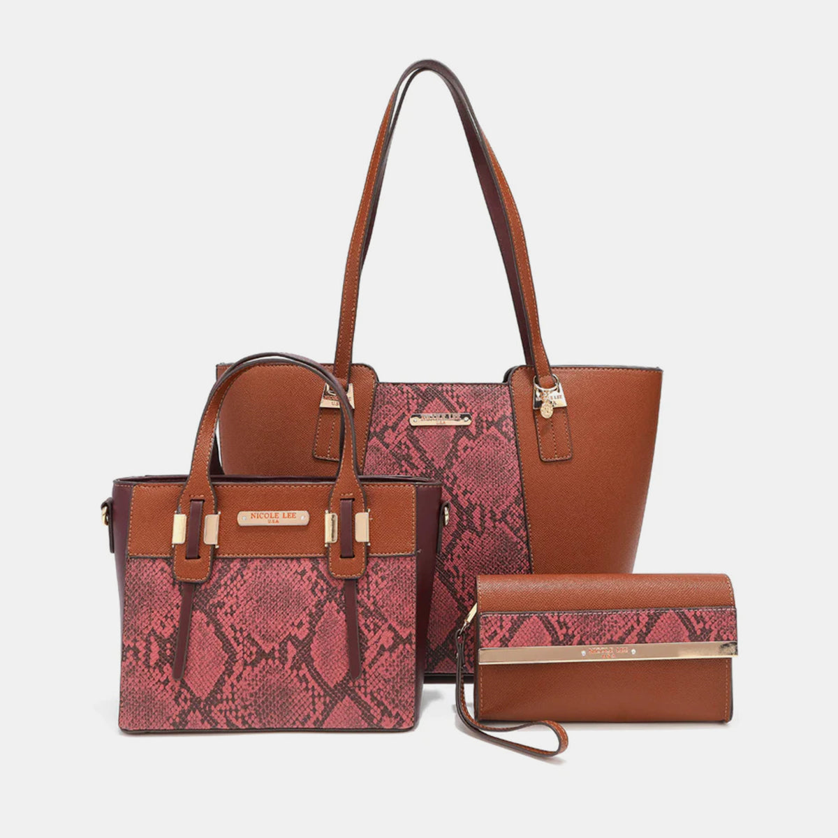 Nicole Lee USA 3-Piece Snake Print Handbag Set- 4 colors