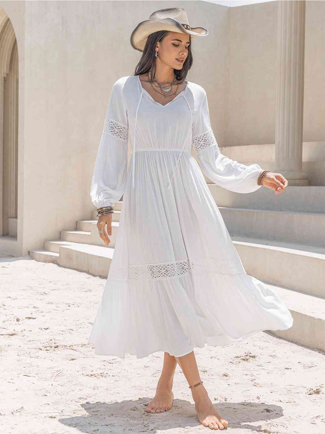 Tie Neck Balloon Sleeve Midi Dress- 2 colors