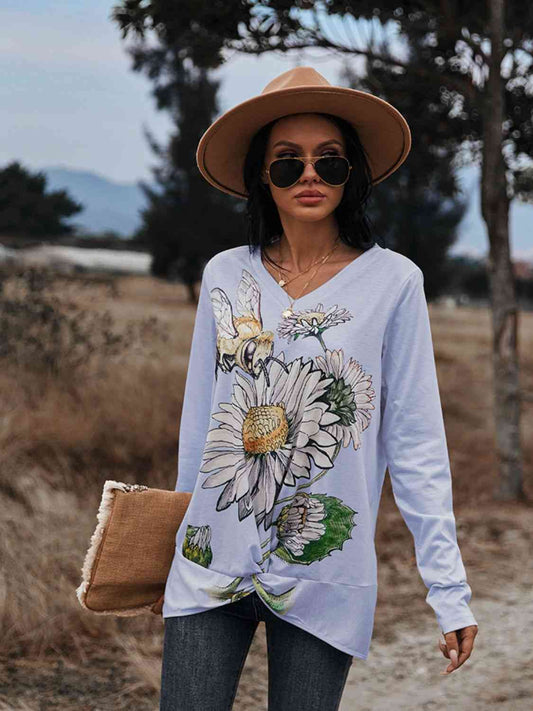 Floral Print Twisted V-Neck Long Sleeve Tee-3 colors