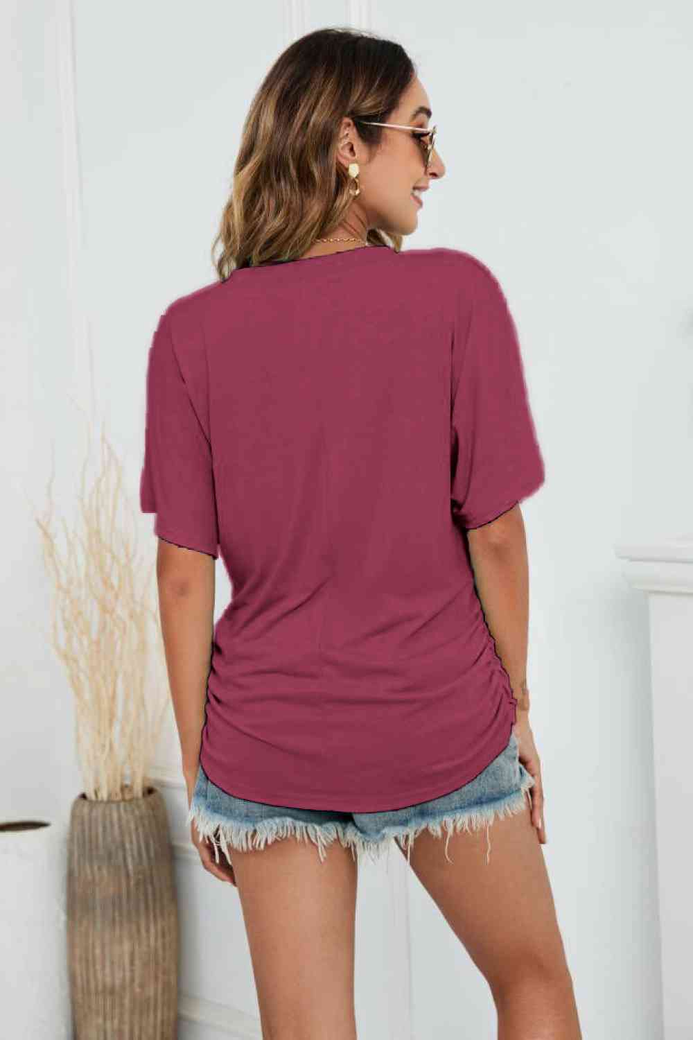 V-Neck Side Ruche Tee-8 colors