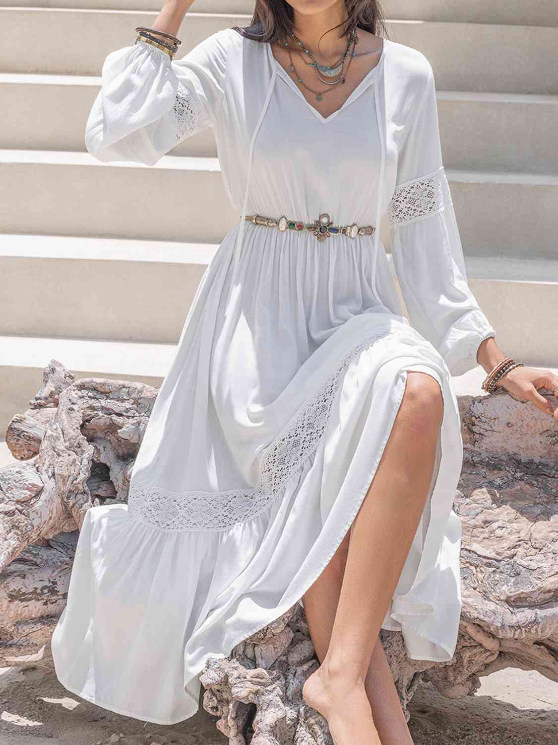 Tie Neck Balloon Sleeve Midi Dress- 2 colors