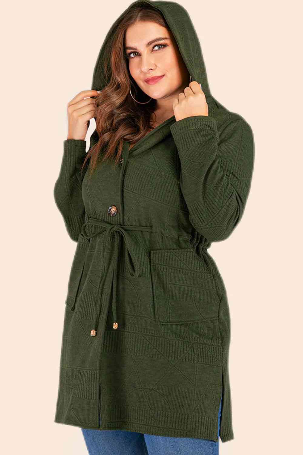 Plus Size Drawstring Waist Hooded Cardigan with Pockets- 3 colors