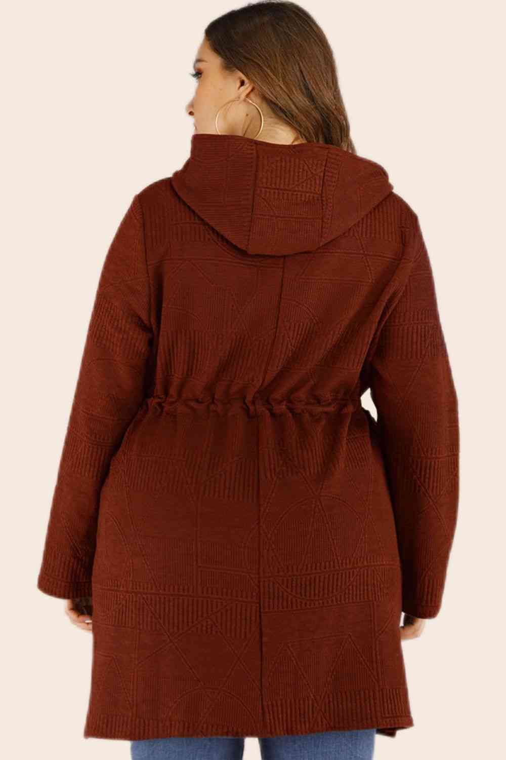 Plus Size Drawstring Waist Hooded Cardigan with Pockets- 3 colors