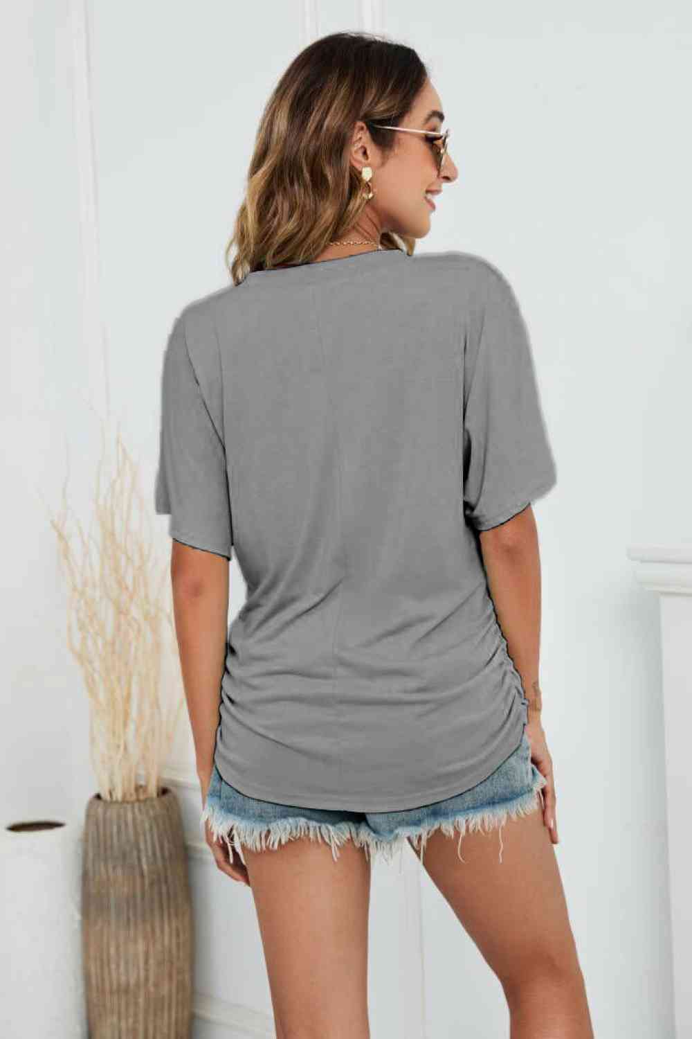 V-Neck Side Ruche Tee-8 colors