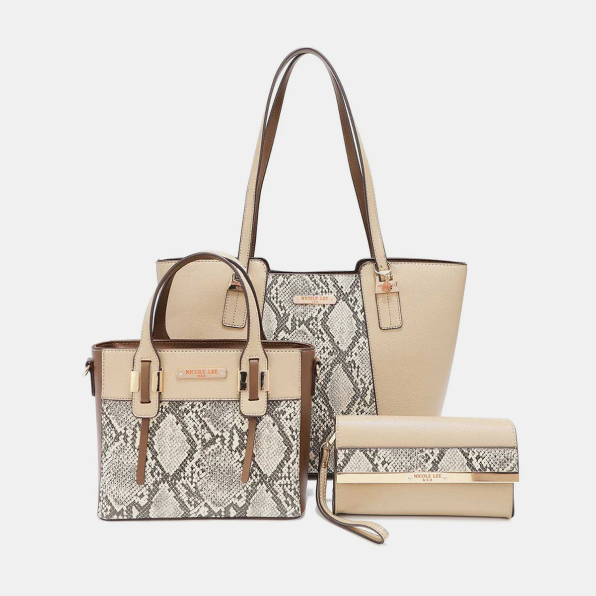 Nicole Lee USA 3-Piece Snake Print Handbag Set- 4 colors