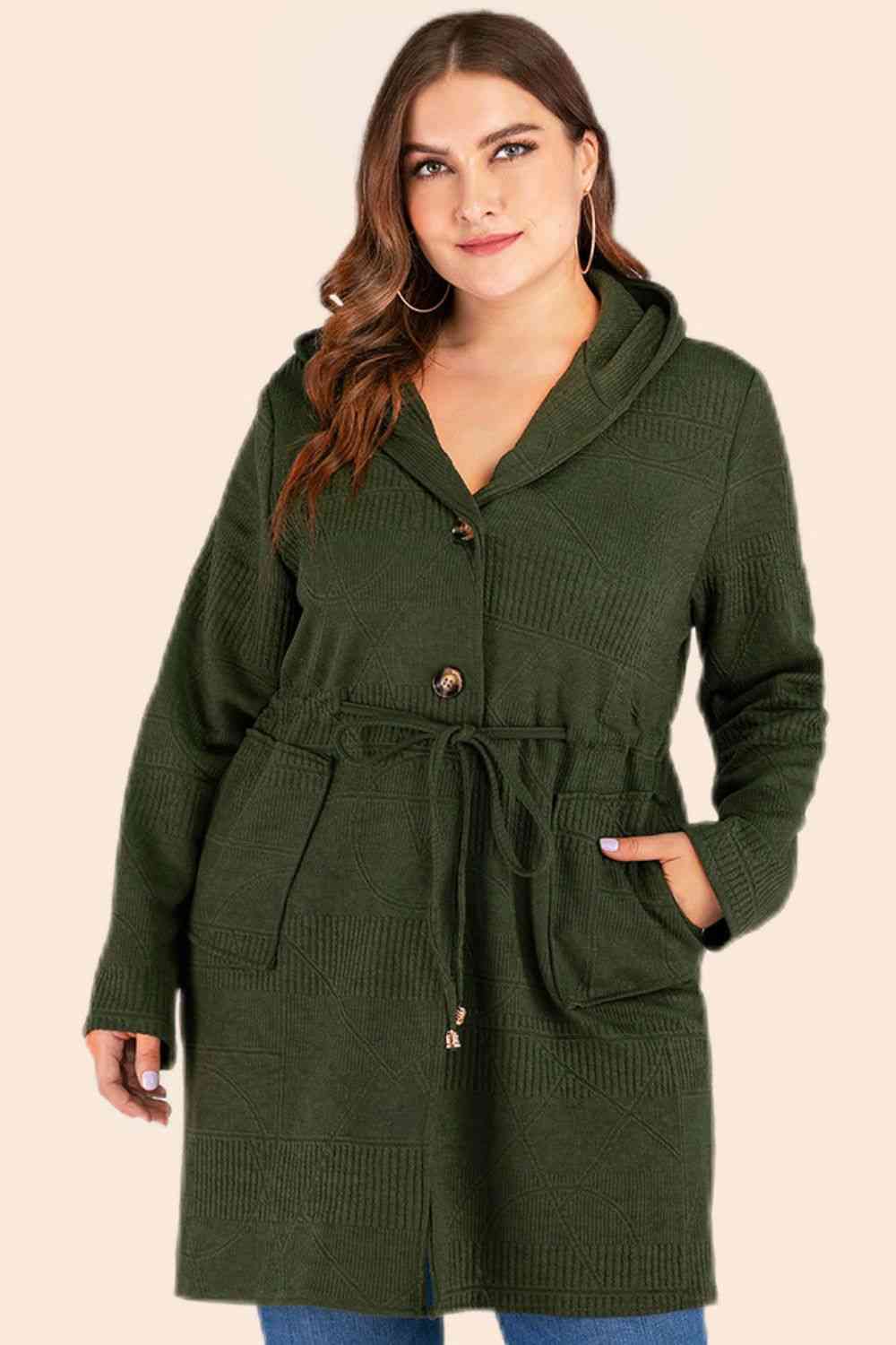 Plus Size Drawstring Waist Hooded Cardigan with Pockets- 3 colors