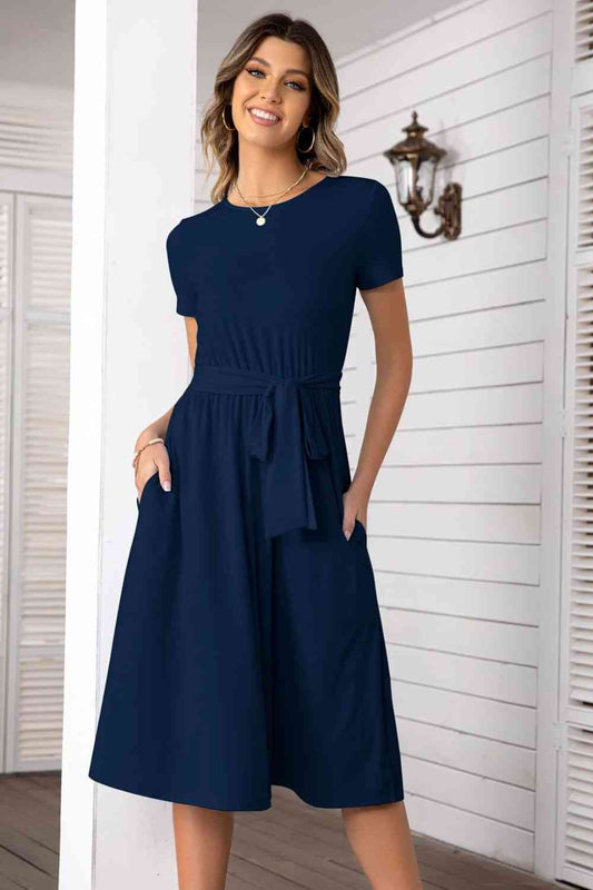 Belted Tee Dress With Pockets-2 colors