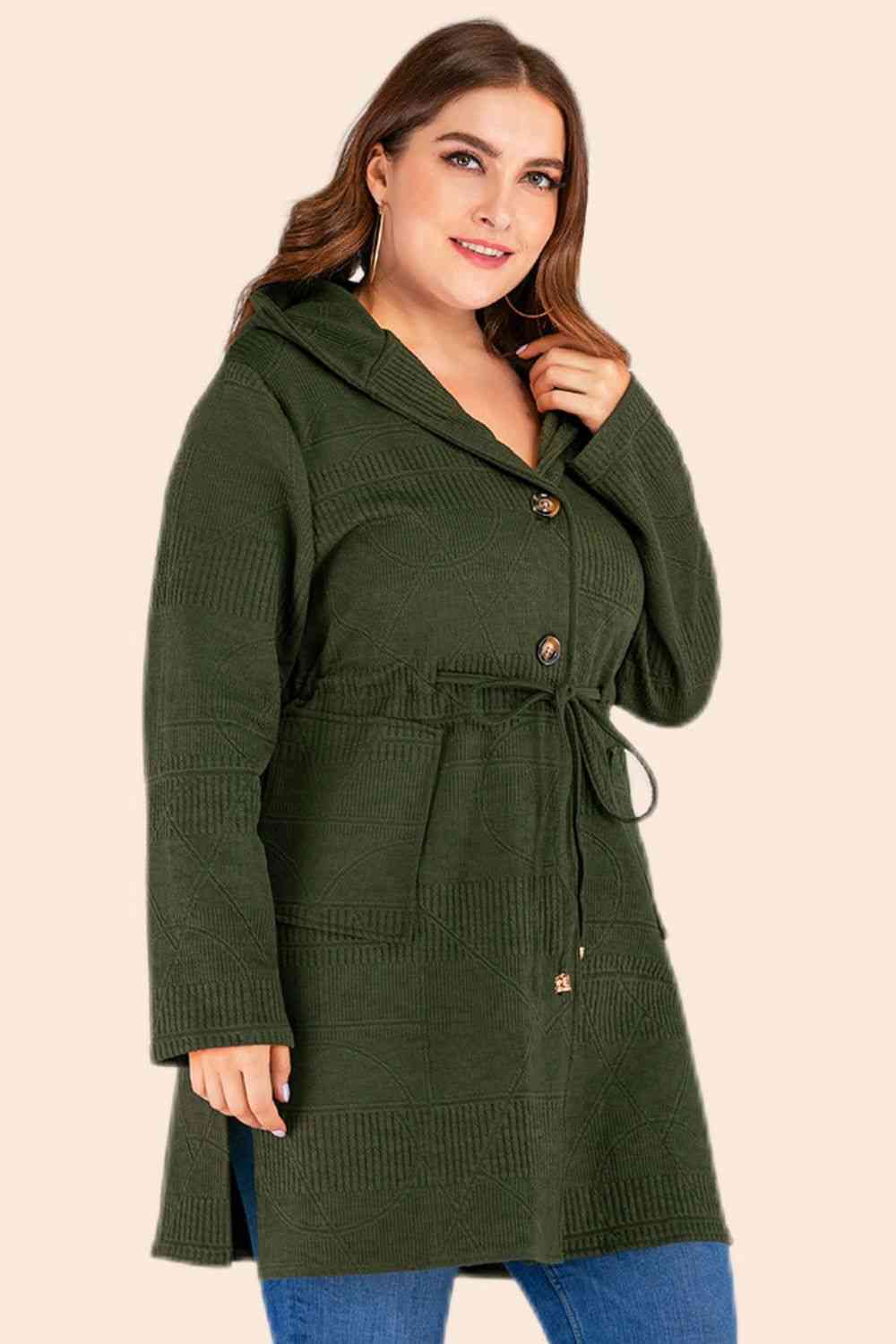 Plus Size Drawstring Waist Hooded Cardigan with Pockets- 3 colors