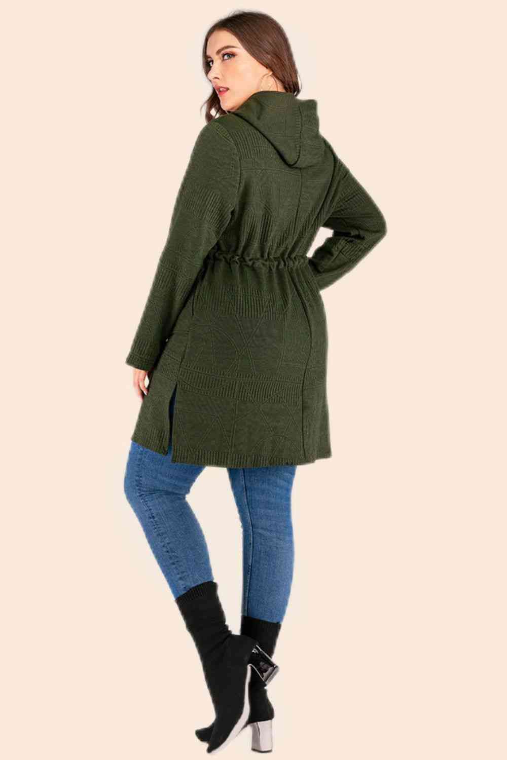 Plus Size Drawstring Waist Hooded Cardigan with Pockets- 3 colors