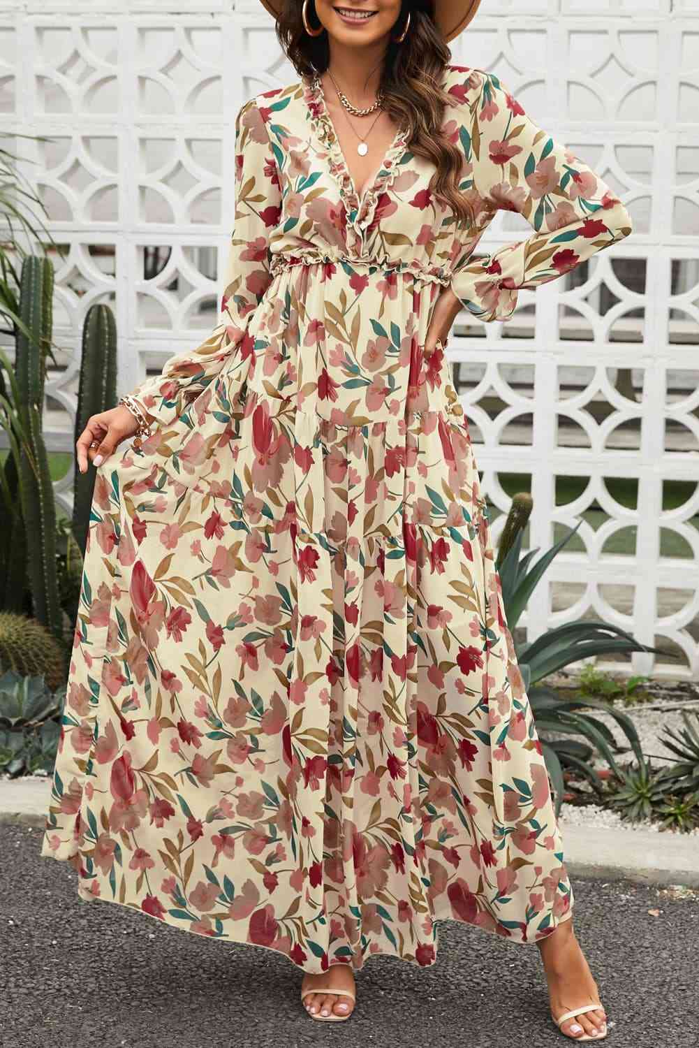 Floral Frill Trim Flounce Sleeve Plunge Maxi Dress-2 colors