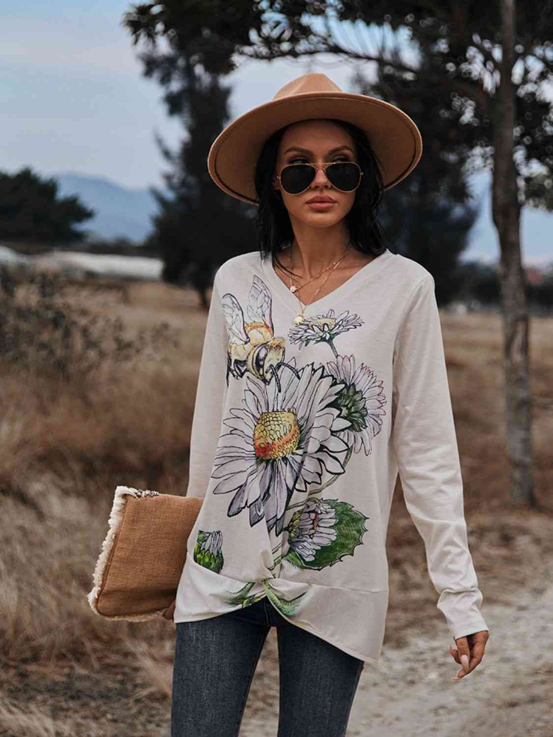 Floral Print Twisted V-Neck Long Sleeve Tee-3 colors