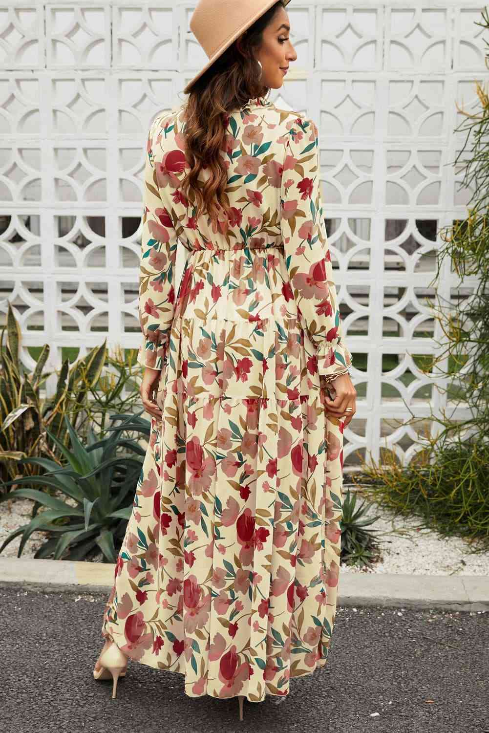 Floral Frill Trim Flounce Sleeve Plunge Maxi Dress-2 colors